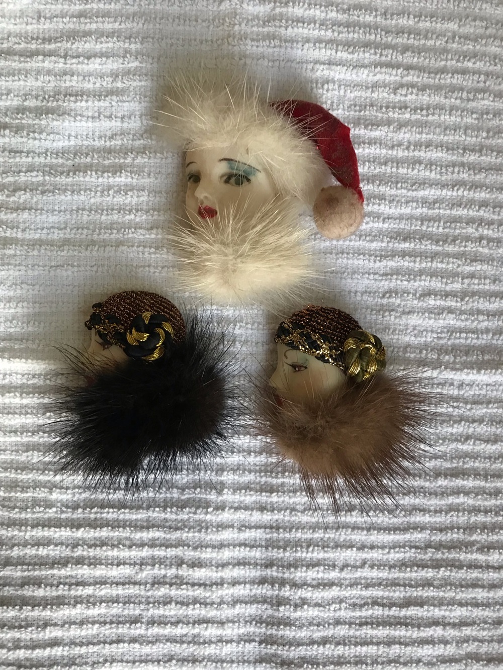 Vintage-Mink Fur Trim Hat Brooches - Black, Brown & Cream